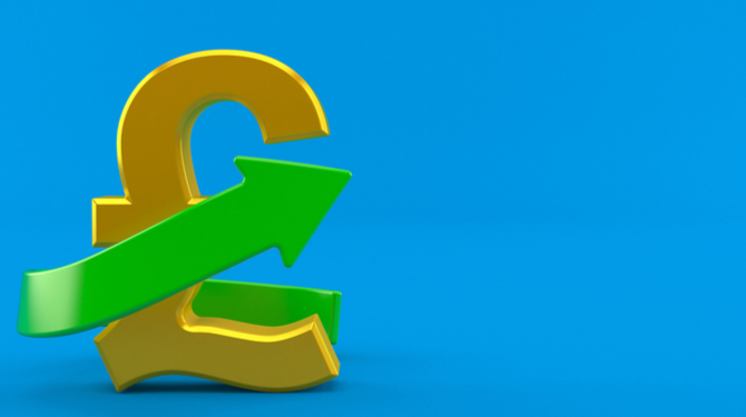 Pound currency with green arrow isolated on blue background. 3d illustration