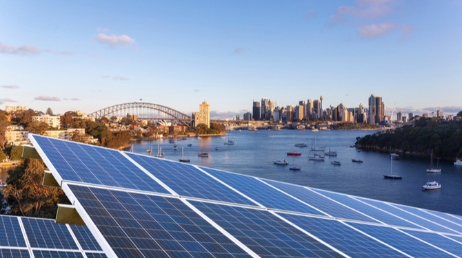 Solar panels and the Sydney city skyline