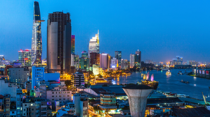 View of Ho Chi Minh City at night time, Vietnam.