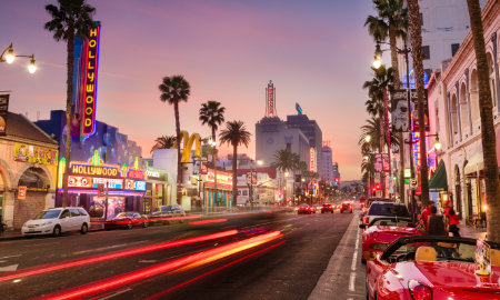 A photo of Hollywood Boulevard at dusk