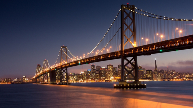 Dusk over San Francisco-Oakland Bay Bridge and San Francisco Skyline from Yerba Buena Island