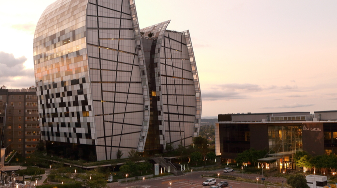 Sunset view of the Sandton offices of international law firm Norton Rose Fulbright, with the ABSA Capital (Barclays) corporate office to the right.